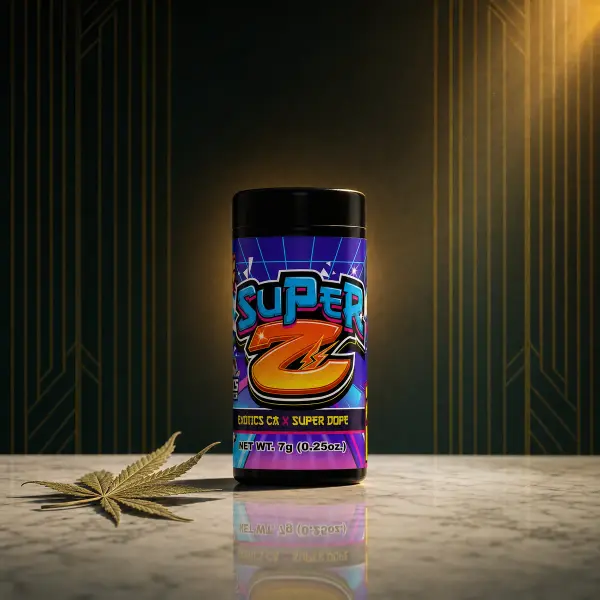 Cannabis flower: jar of Super Z on marble with Art Deco backdrop
