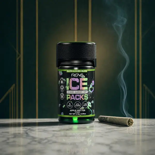 Pre-rolls: Rove Ice Packs jar with lit pre-roll and smoke wisp