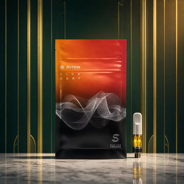 Vape cartridges: RYTHM Live Cart pouch with cartridge on marble